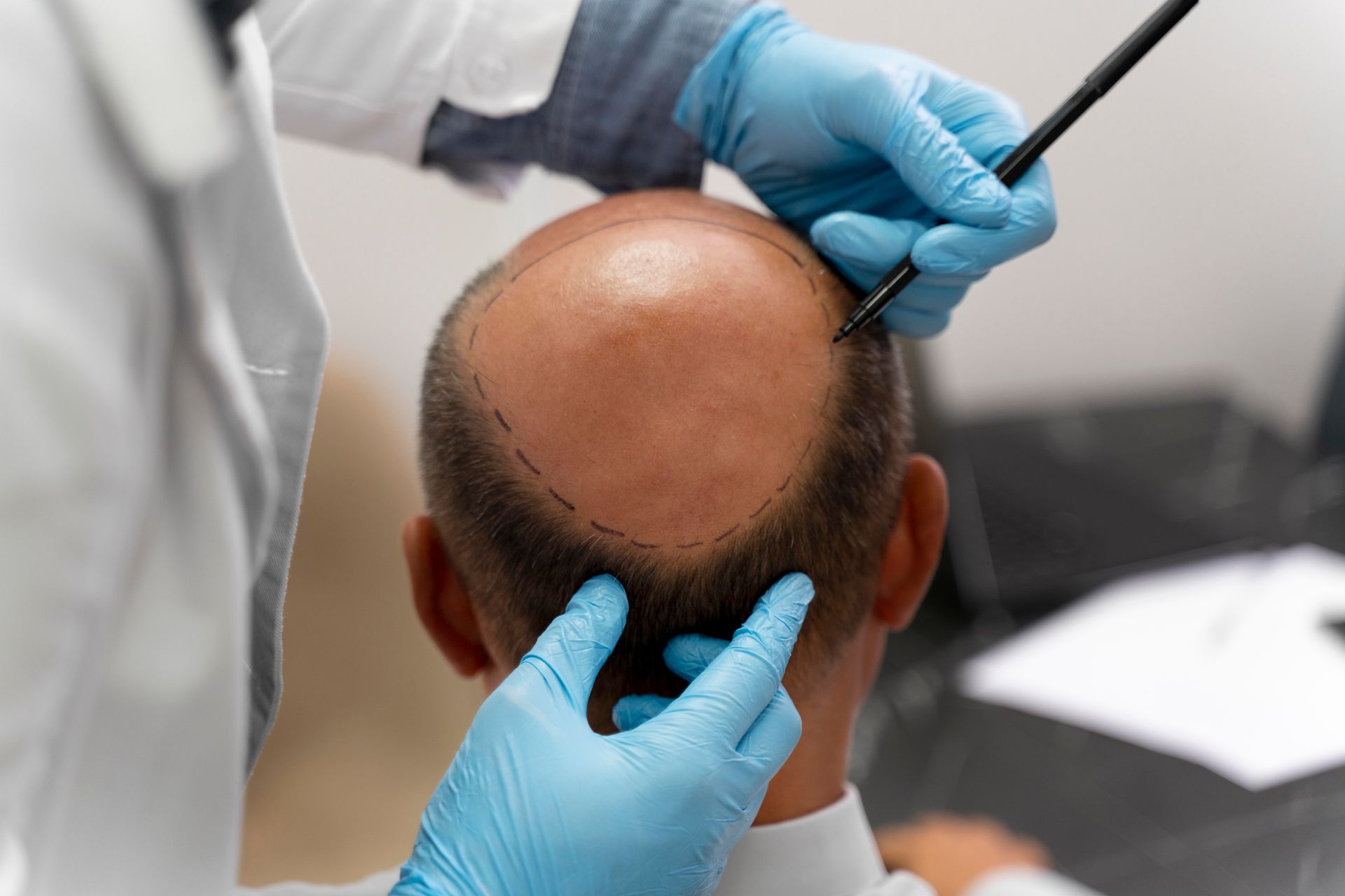 Un hombre recibe un trasplante de cabello por parte de un médico.
