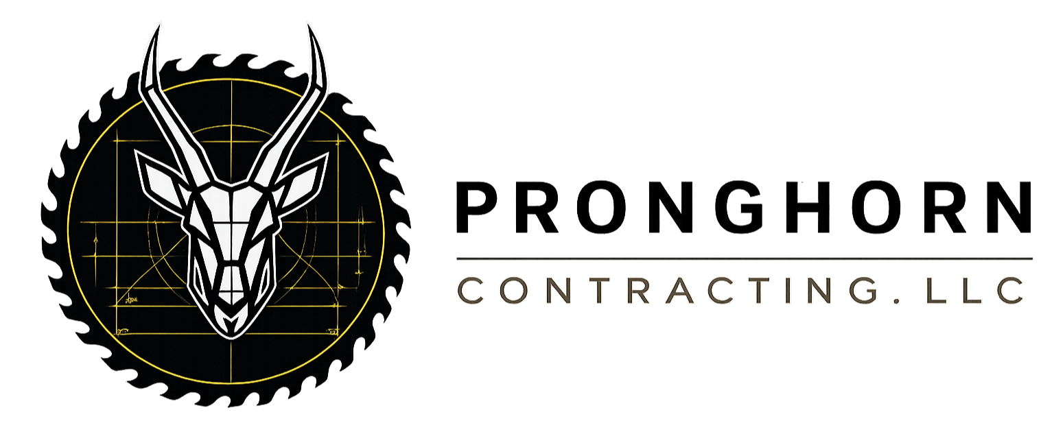 Black and white logo for Pronghorn Contracting, LLC, featuring a stylized pronghorn head inside a circular saw blade.