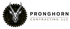 Black and white logo for Pronghorn Contracting, LLC, featuring a stylized pronghorn head inside a circular saw blade.