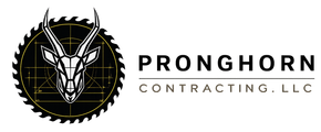 Black and white logo for Pronghorn Contracting, LLC, featuring a stylized pronghorn head inside a circular saw blade.