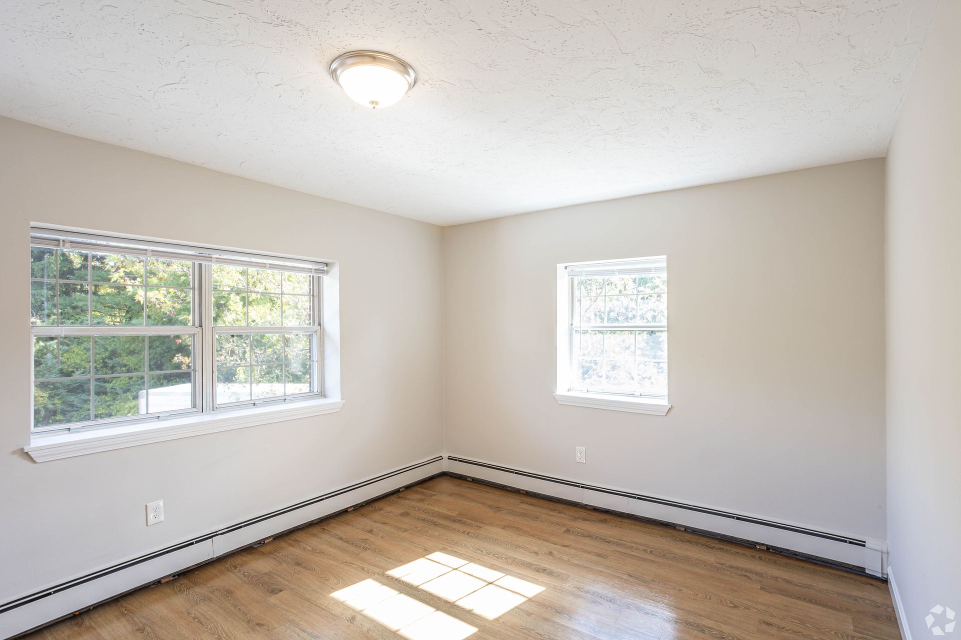 Bedroom with wood-style flooring and multiple windows at Waltham Overlook Apartments in Waltham, MA.