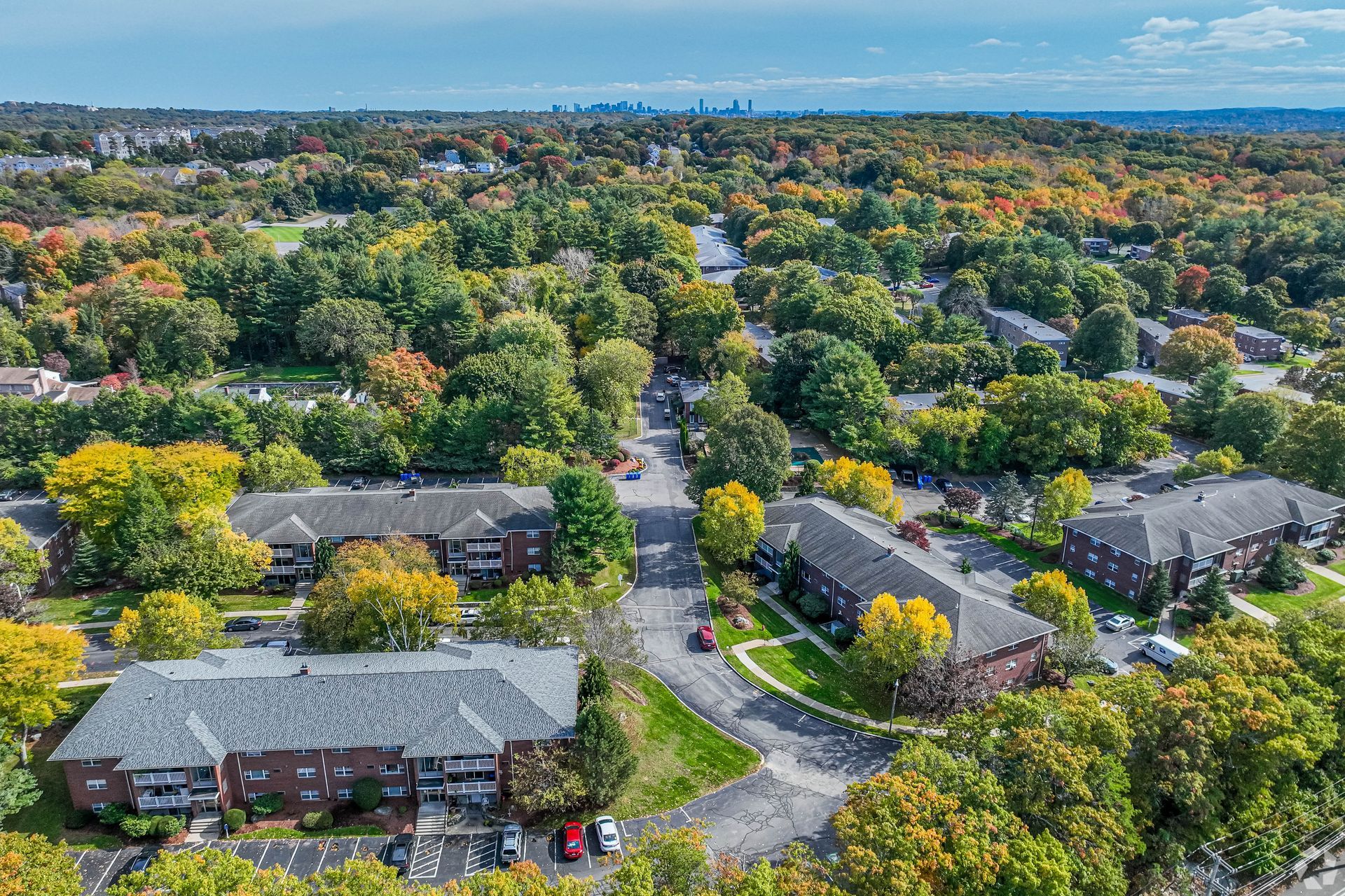 Aerial view of Waltham Overlook Apartments and surrounding neighborhood in Waltham, MA.