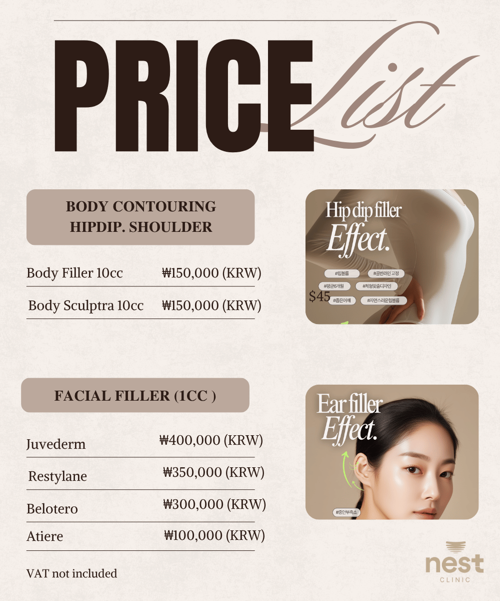 Nest Clinic filler price list — Juvederm, Restylane, Belotero, Atiere and body filler prices