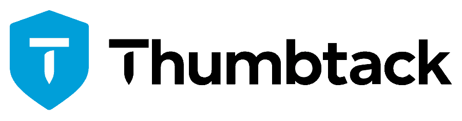 Thumbtack logo: blue shield with 