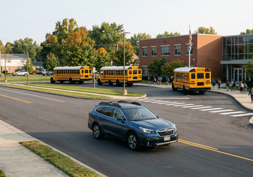 Blue Subaru Outback driving through a school zone near students and school buses