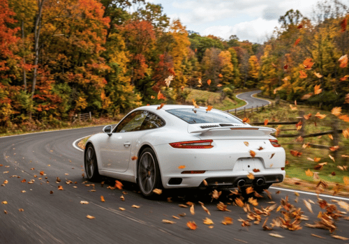 White Porsche 911 driving along a winding road surrounded by colorful fall foliage