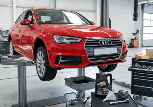 Red Audi sedan on a vehicle lift in a professional auto repair shop during an oil change.