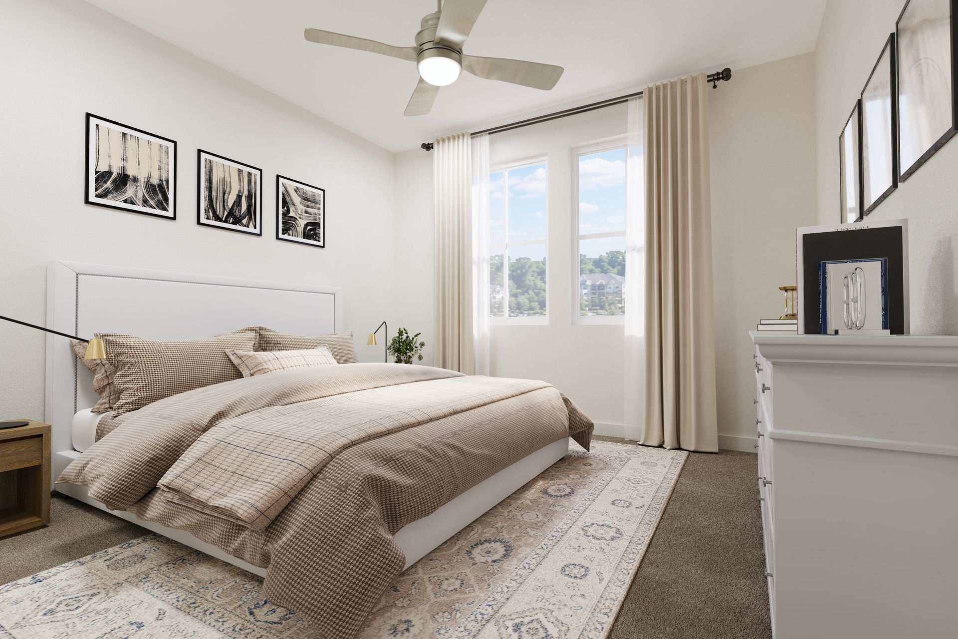 Bright bedroom with a made bed, white dresser, ceiling fan, and windows with curtains