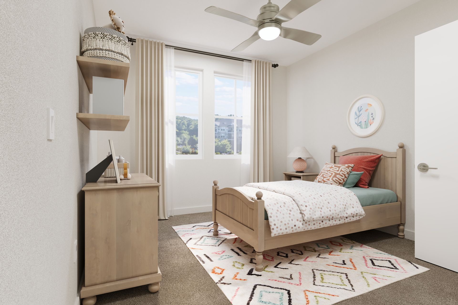 Bright bedroom with a bed, patterned rug, window, shelves, dresser, and ceiling fan