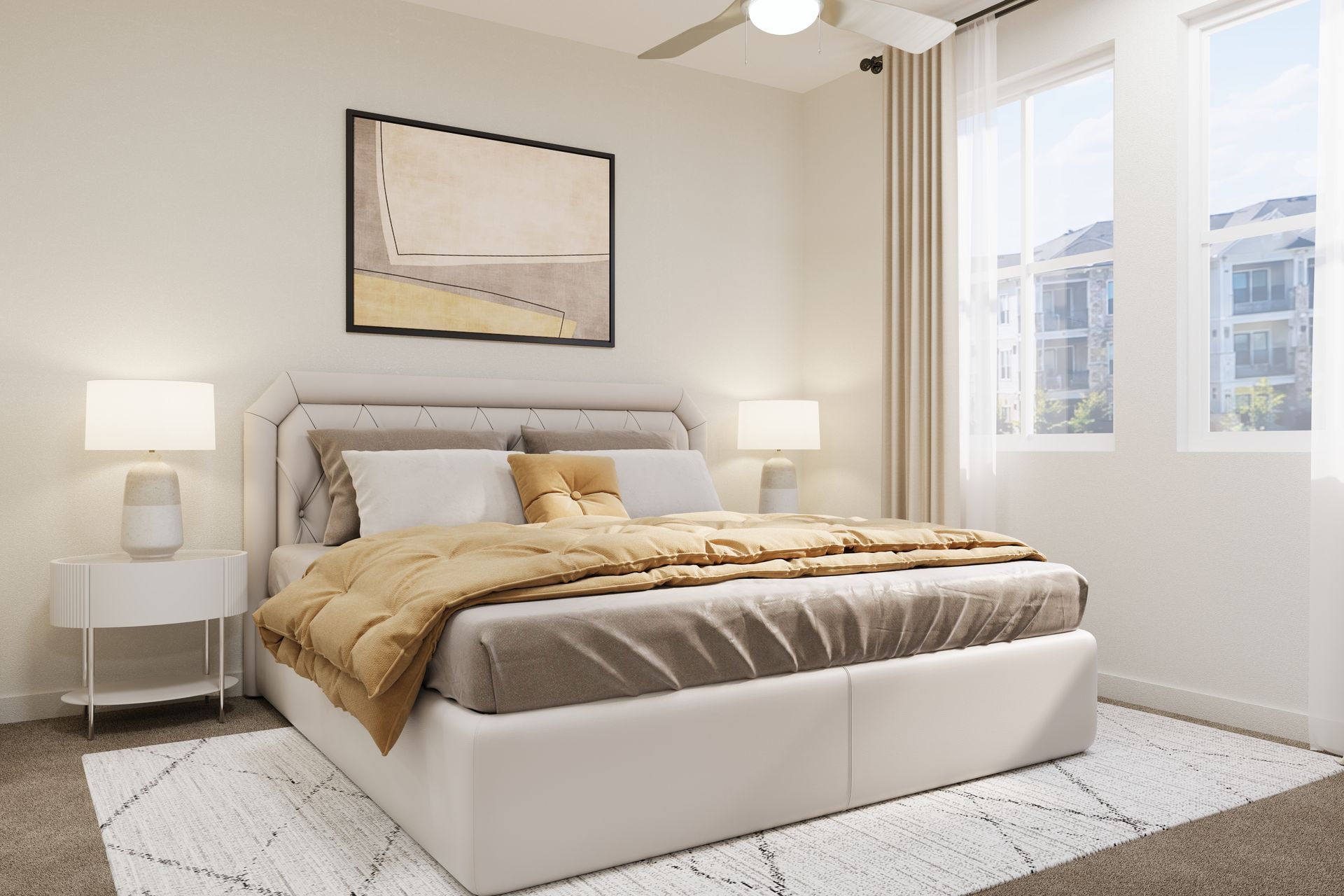 Bright minimalist bedroom with beige bed, white nightstand, lamp, wall art, and sunlit windows