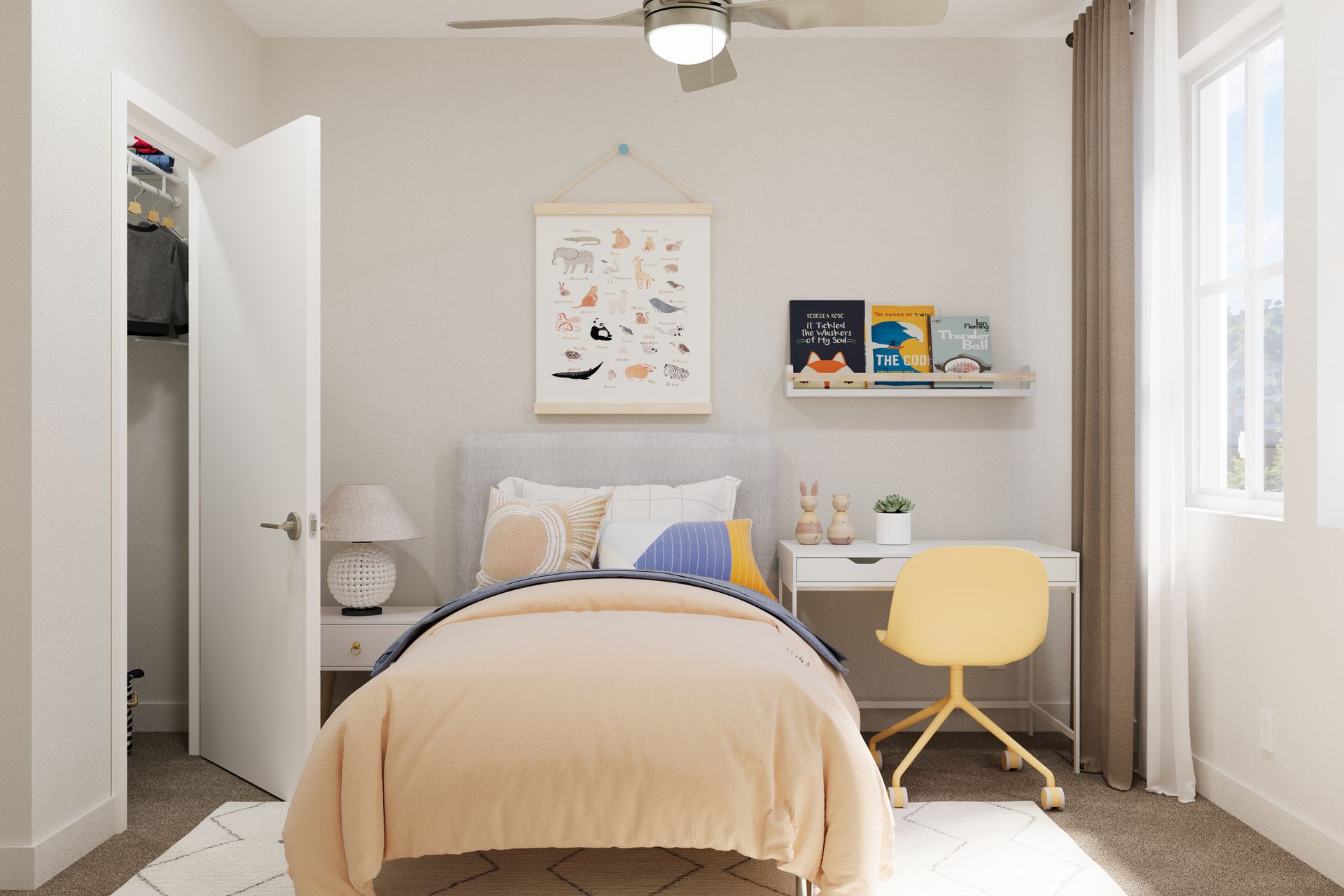 Cozy bedroom with a bed, yellow chair, wall art, and bright window light