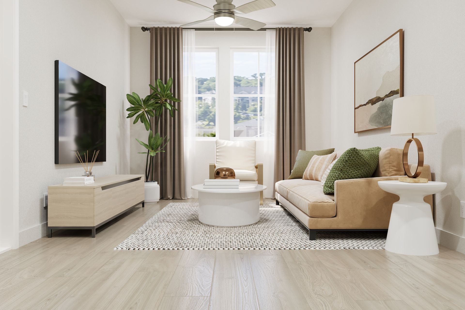 Bright modern living room with beige sofa, round white coffee table, TV, and large window curtains