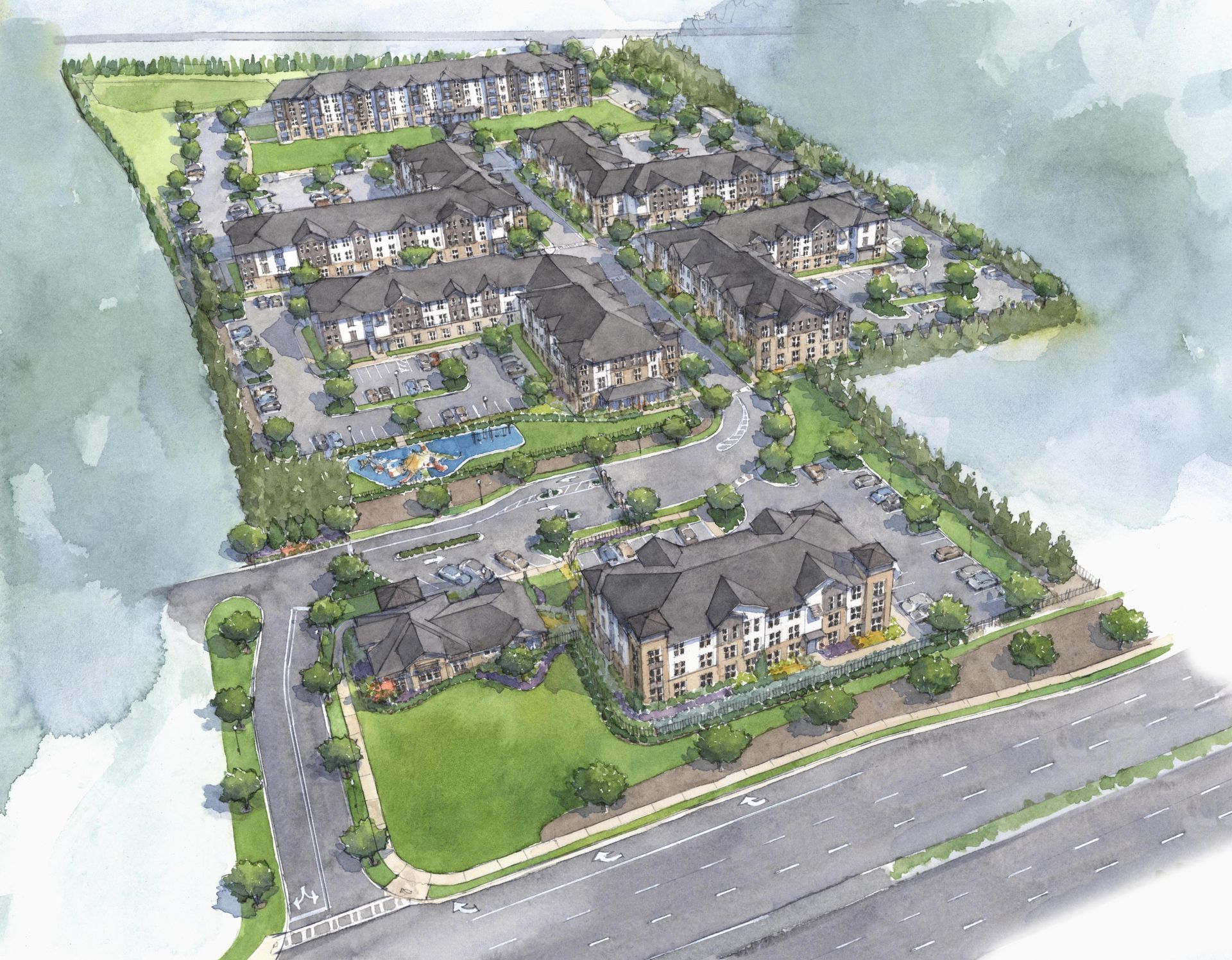 Aerial rendering of a suburban apartment complex with roads, greenery, and cloudy sky.