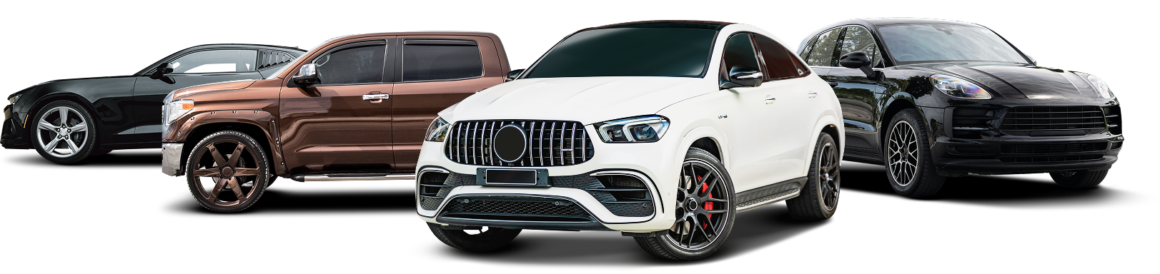 Four Mercedes-Benz SUVs in silver, brown, white, and black on a white background | JB Auto Works