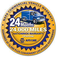 NAPA Commercial Vehicle Warranty badge with blue truck and orange border, “24 months, 24,000 miles” text