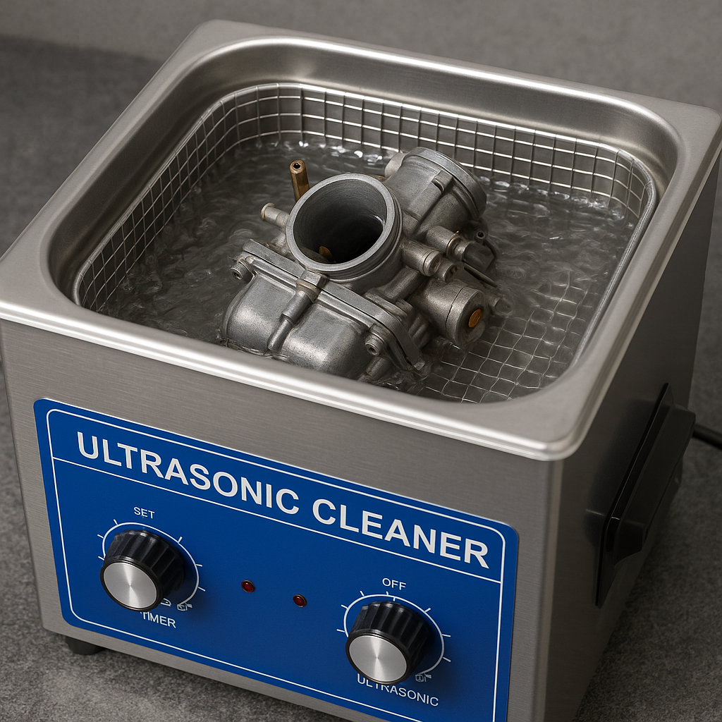 An ultrasonic cleaner with a carburetor inside, submerged in water.