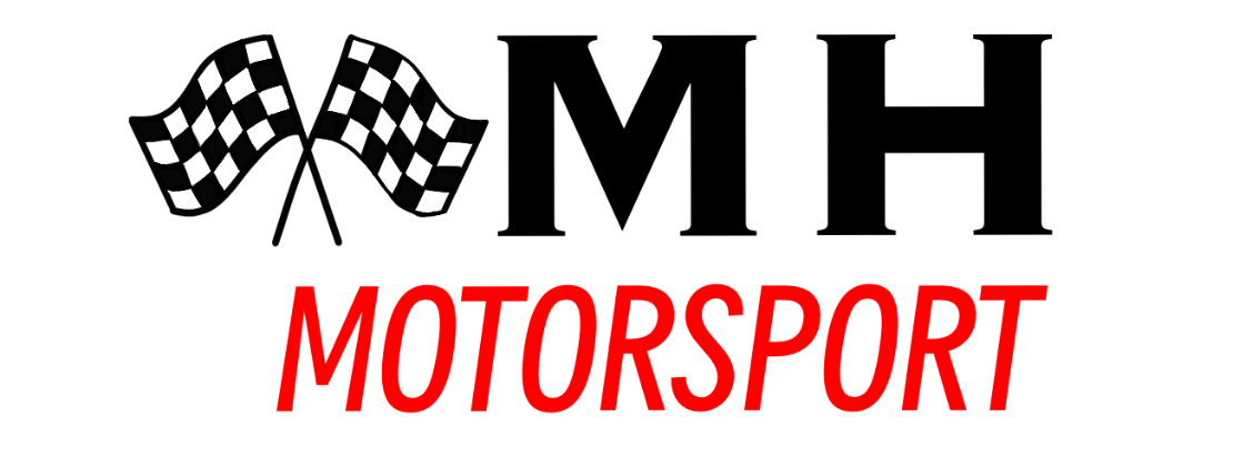 Logo for MH Motorsport, featuring checkered flags, the letters 