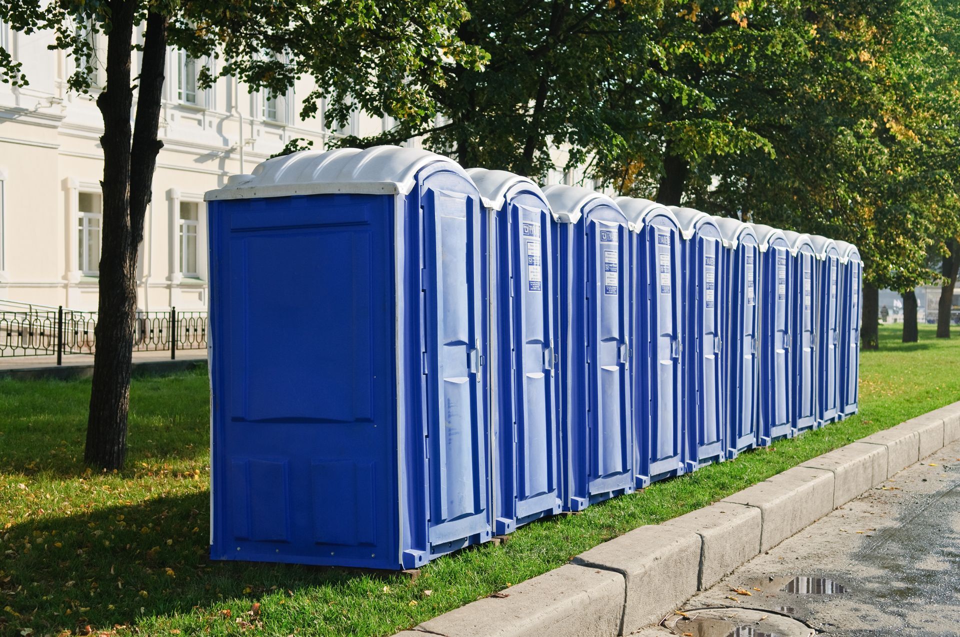 Blue portable toilets lined up along a grassy roadside beneath leafy trees. Blue portable toilets lined up along a grassy roadside beneath leafy trees.