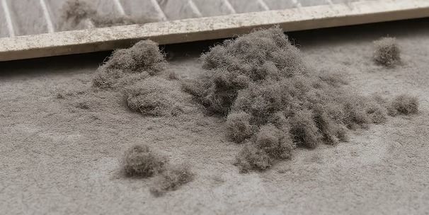 Gray dust or powder piled on a concrete floor beside a metal edge.