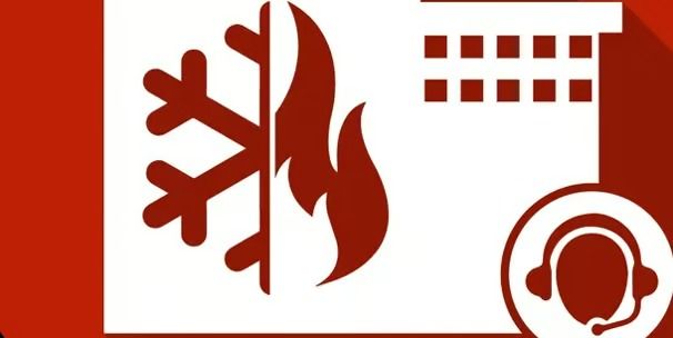 Red fire safety sign with flame, snowflake, and headset icons, plus small ventilation squares.