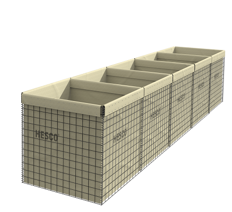 HESCO geo-textile lined gabion basket. Soil filled flood defensive barrier.