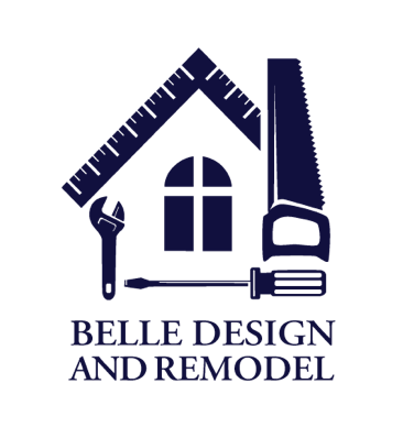 Logo for Belle Design and Remodel featuring a house outline containing a wrench and saw, in dark blue on a white background.