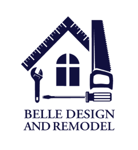 Logo for Belle Design and Remodel featuring a house outline containing a wrench and saw, in dark blue on a white background.