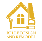 Gold logo of house tools and rulers with &ldquo;Belle Design and Remodel&rdquo; text