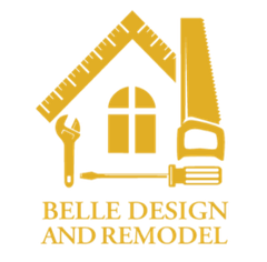 Gold logo of house tools and rulers with &ldquo;Belle Design and Remodel&rdquo; text