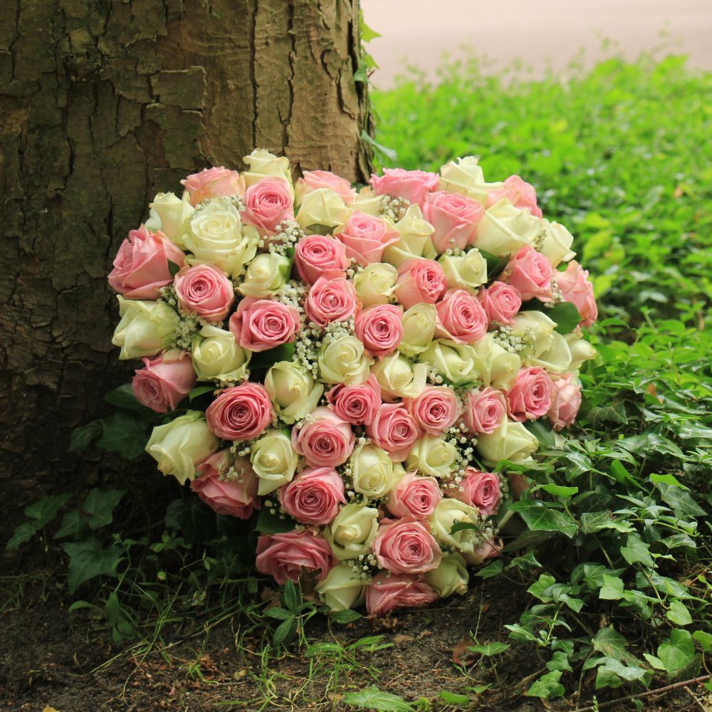 A heart shaped bouquet of pink and white roses leaning against a tree