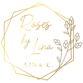 Gold logo: "Roses by Lina" script, floral detail, geometric frame, with "Lina C." text.
