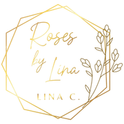 Gold logo: "Roses by Lina" script, floral detail, geometric frame, with "Lina C." text.