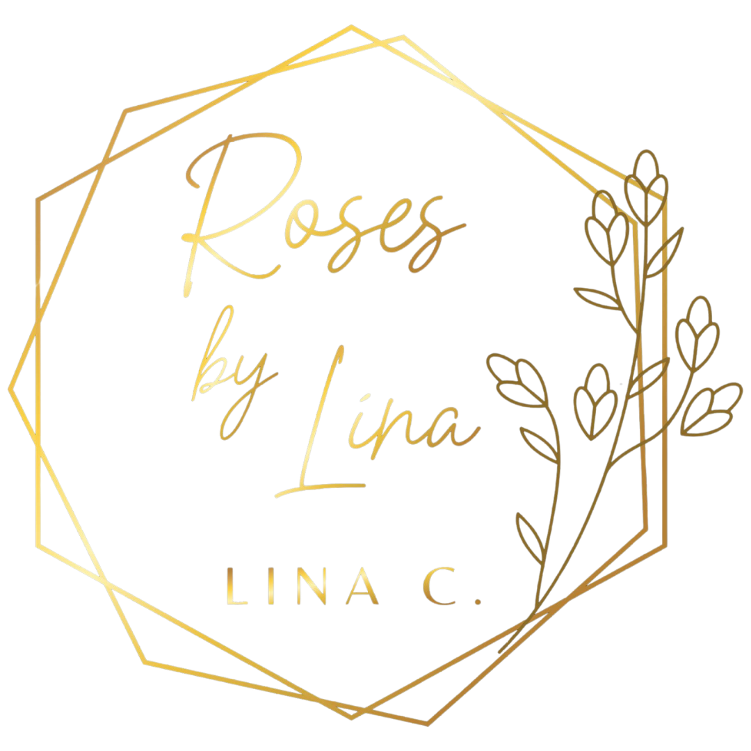 Gold logo: "Roses by Lina" script, floral detail, geometric frame, with "Lina C." text.