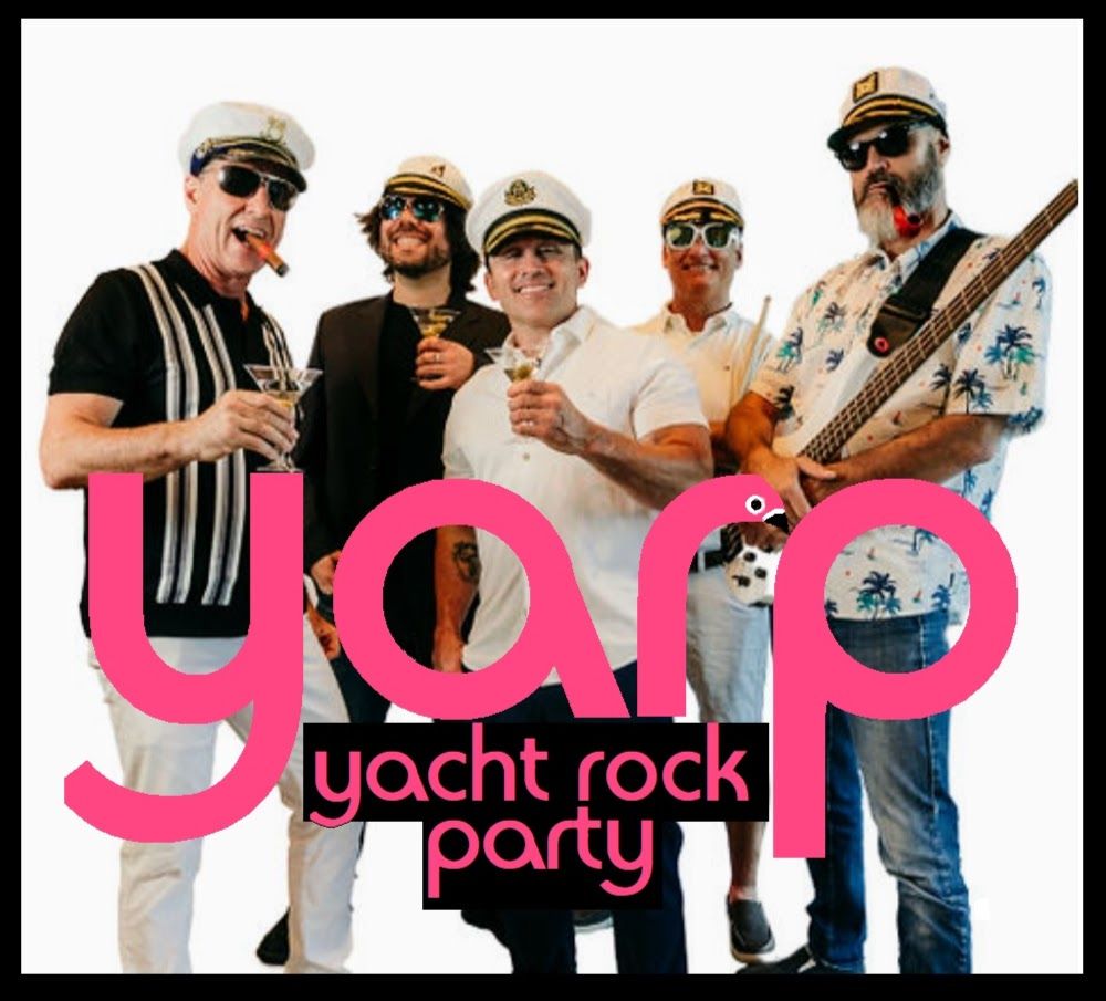 Five men in nautical outfits posing behind pink “yap yacht rock party” text on a white background