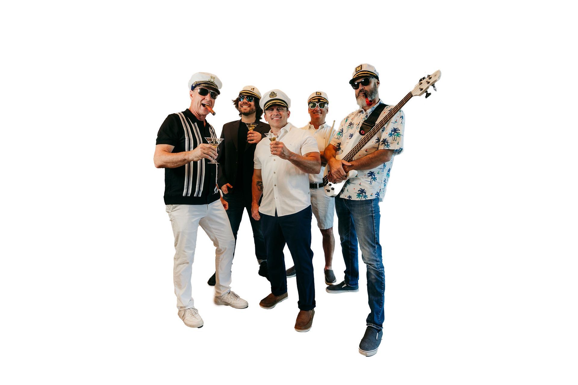 Five musicians posing together against a white background, one holding a guitar.