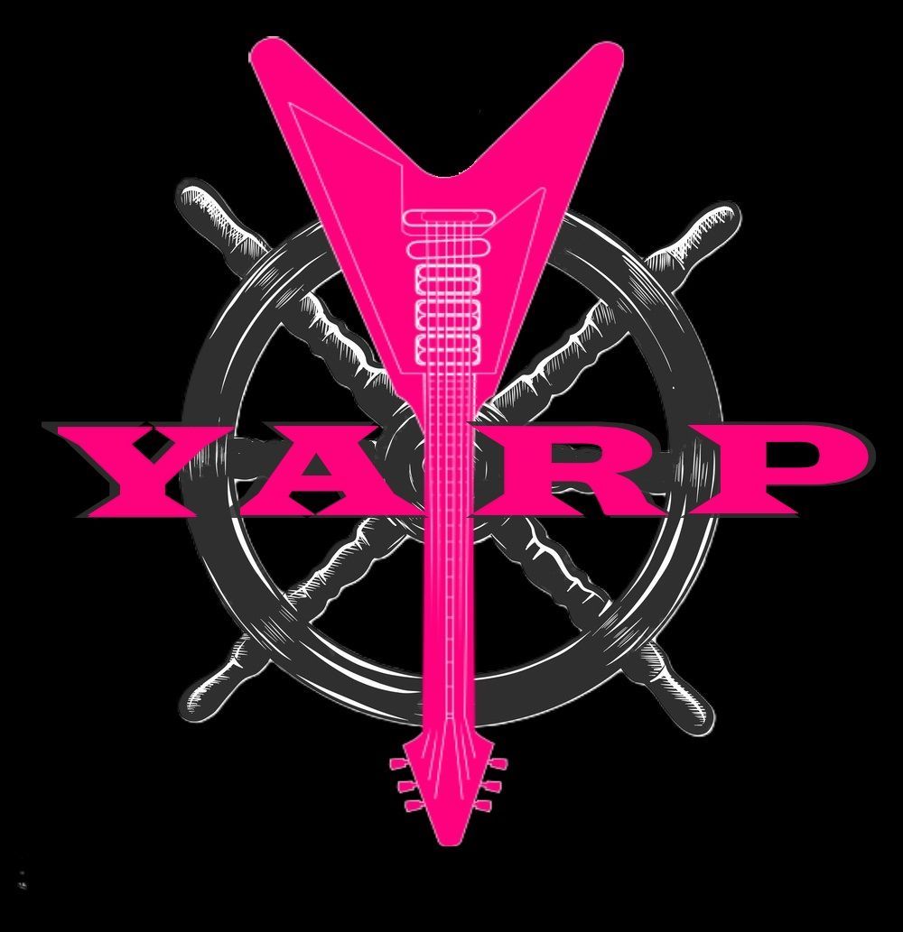 Pink YARP logo with crossed swords over a gray ring on a black background