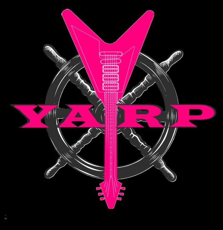 Pink YARP logo with crossed swords over a gray ring on a black background