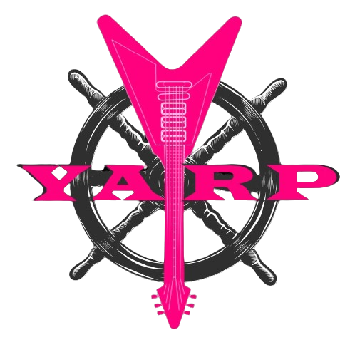 Pink YARP logo over a black crossed-guitars emblem on white background