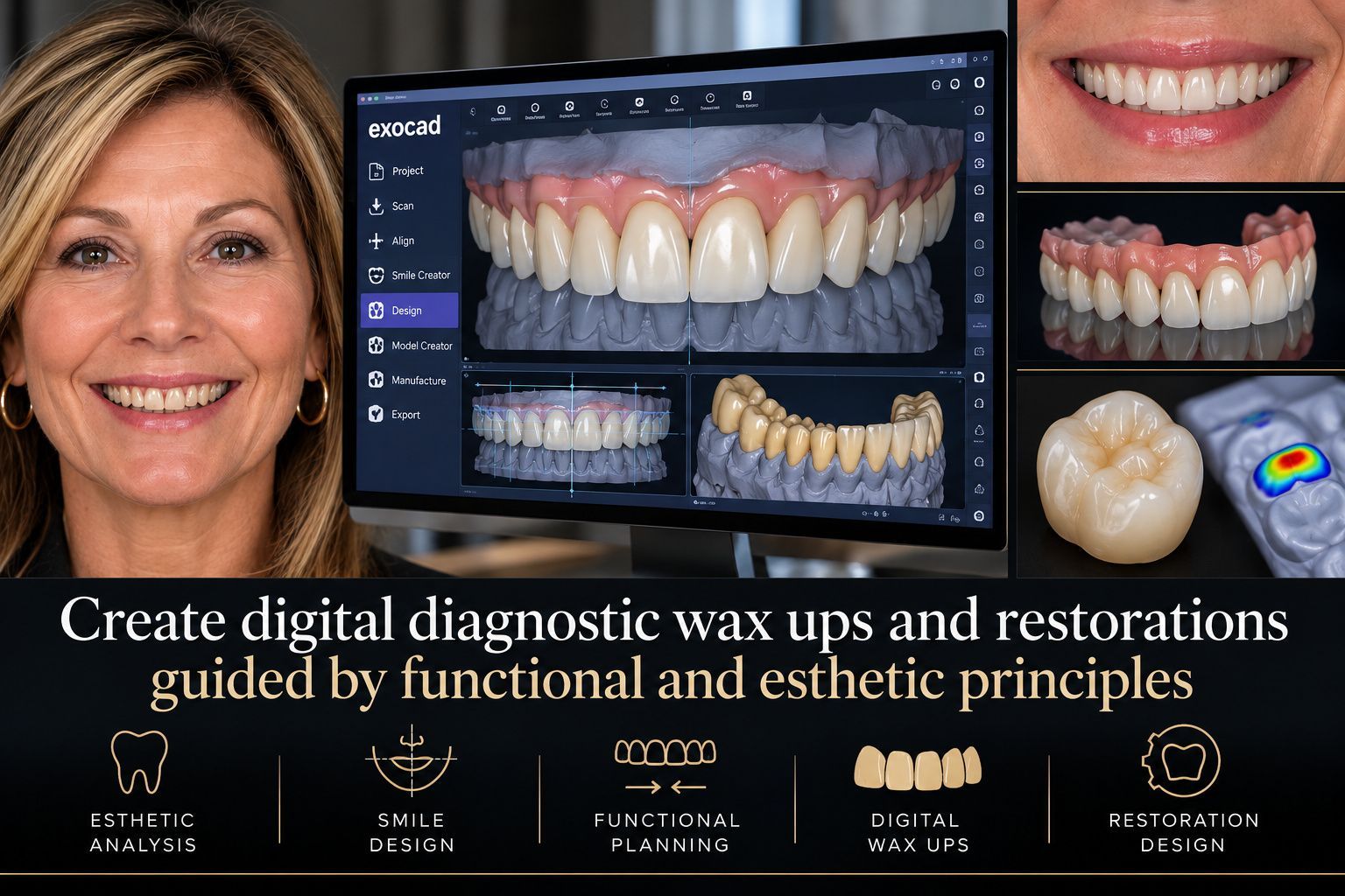 Dental smile makeover screen showing before-and-after teeth and facial preview with treatment planning text