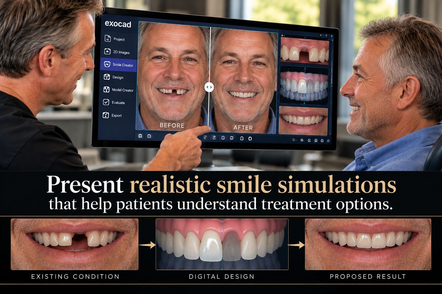 Dental digital wax-up promo with smiling woman, teeth scans, and 3D restoration examples on a dark background