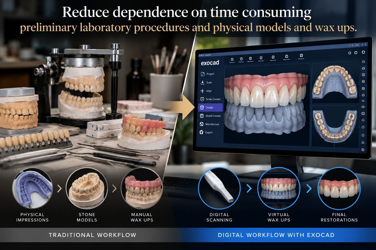 Dentist showing realistic smile simulation on a monitor with before-and-after teeth images