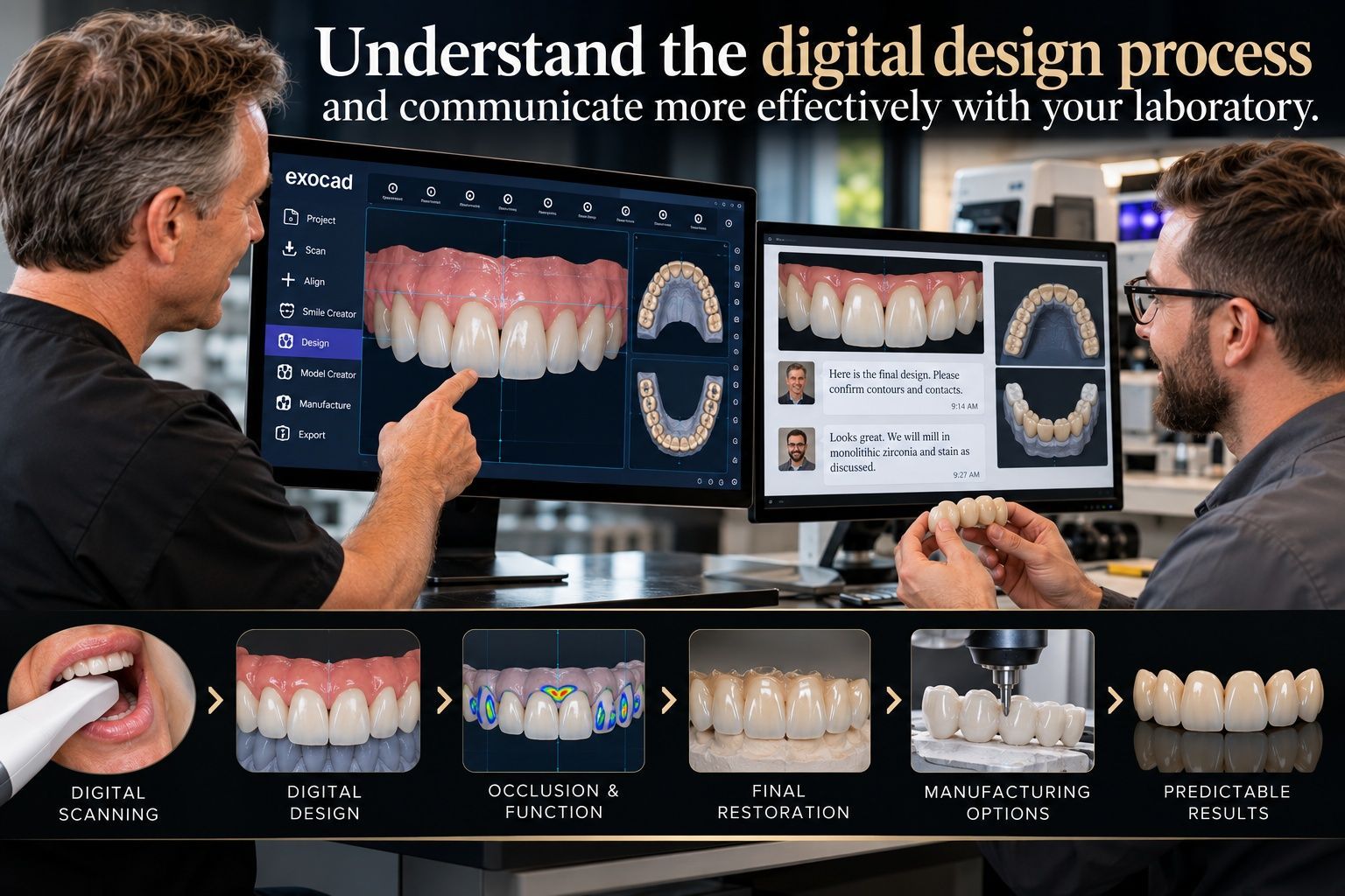 Dental lab workflow poster showing 3D teeth scans, models, and a digital smile design interface