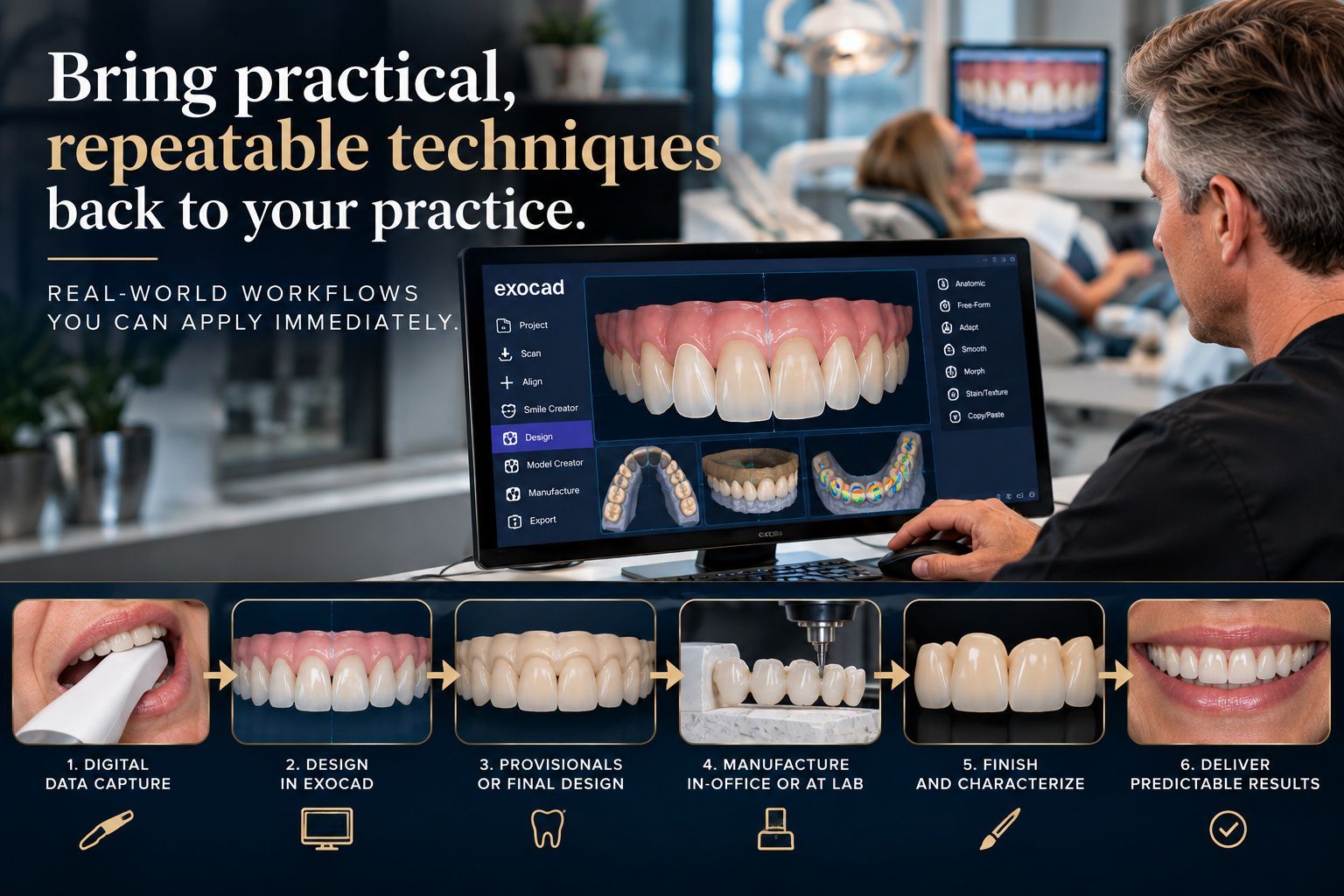 Two dentists reviewing digital dental design on a large monitor in a clinic, with implant and smile mockups below