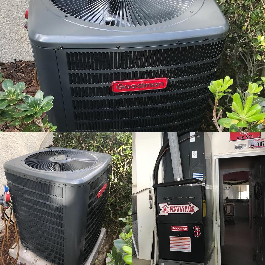 Three views of a Goodman AC unit: outside, side, and inside next to a furnace.