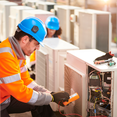 HVAC technician in orange vest and blue hardhat using a multimeter on an outdoor unit.
