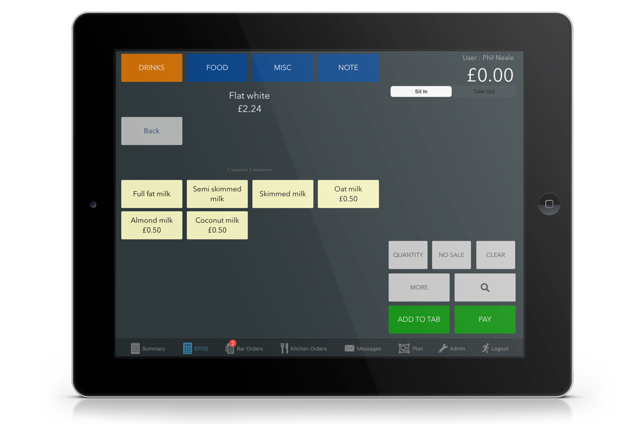 EPOS screen showing milk options for a coffee