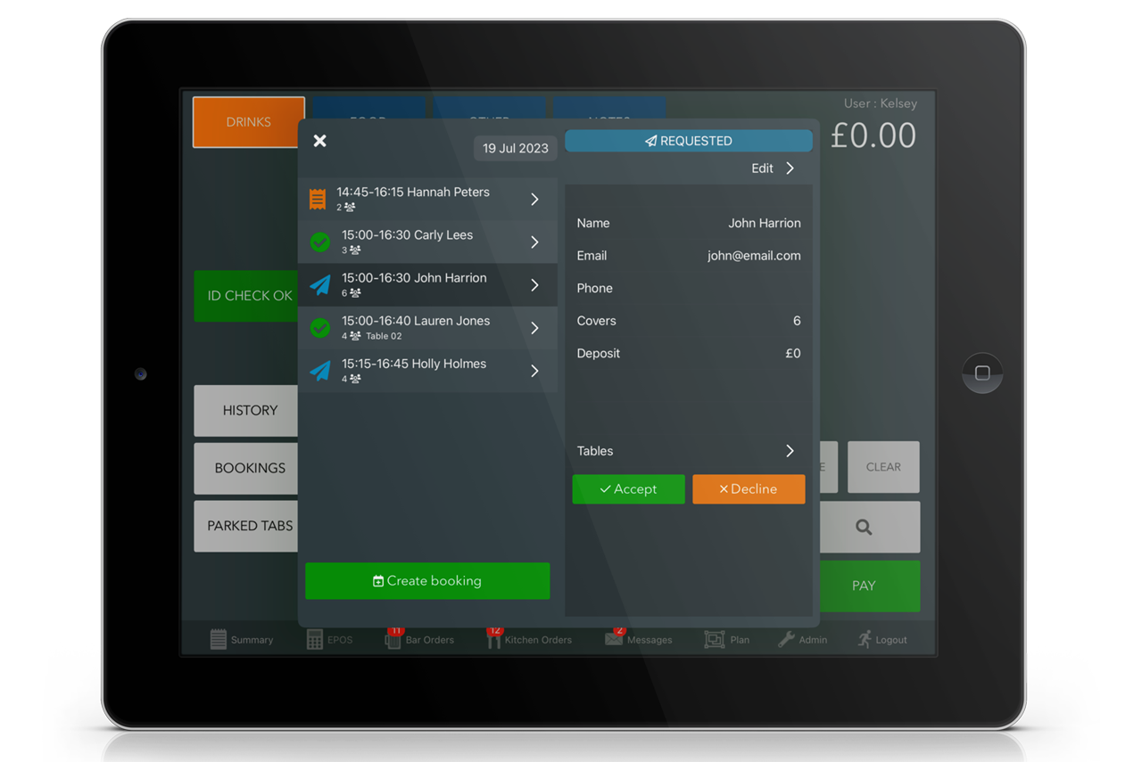 Bookings view on EPOS screen