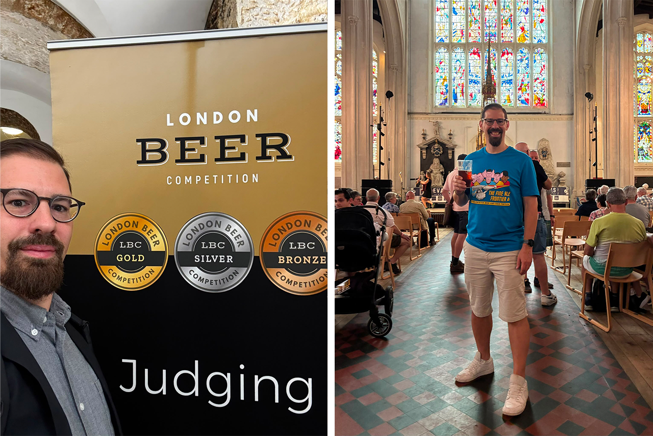 Two photos of Nick Collins. The left shows him in front of a sign saying 'London Beer Competition: Judging'. The one on the right shows him standing in a cathedral smiling and holding a pint of ale.