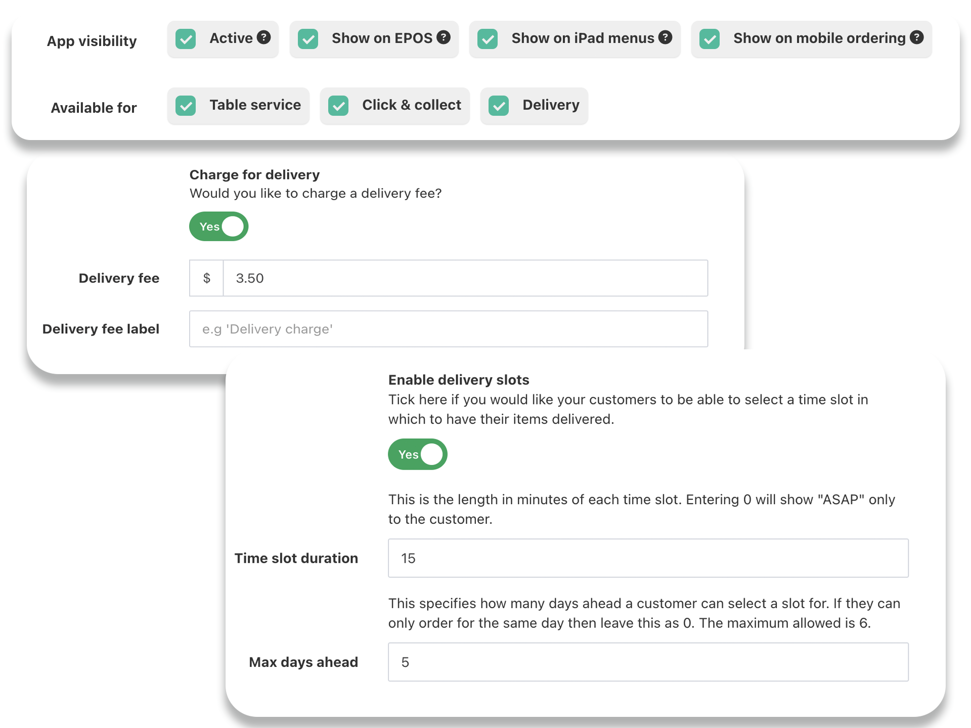 Webpage interface showing delivery settings: enable, cost, time options.