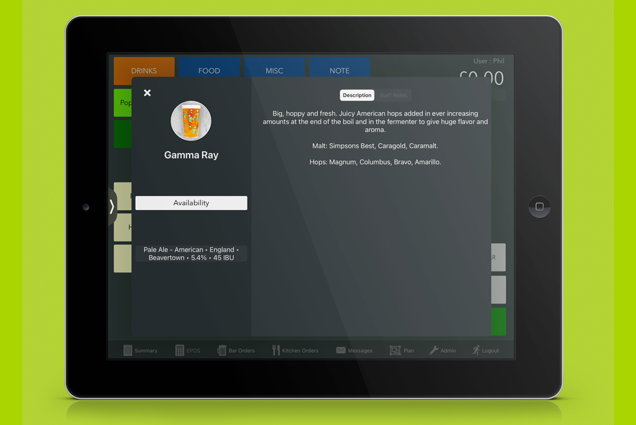 Beer description on EPOS screen